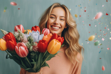 woman with bouquet of tupils in spring. outdoor portrait of young smiling girl with flowers in the street Generative AI