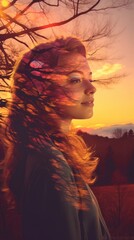 Wall Mural - a woman with long hair and a sunset in the background