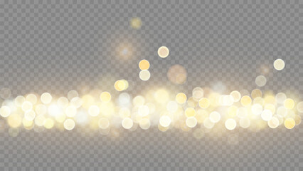Wall Mural - Golden dust light png. Christmas glowing bokeh confetti and sparkle overlay texture for your design. Stock royalty free vector illustration. PNG	