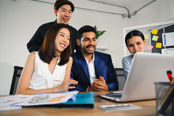 Happy group of business people meeting and brainstorming together at modern office, Business people planing business project, People in smart casual wear discussing and working. High quality photo