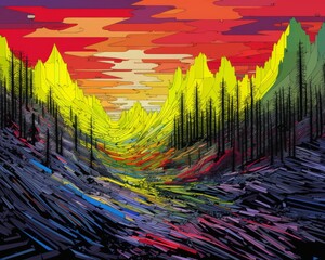 Wall Mural - an abstract painting of a forest at sunset