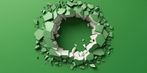 Breaking out of a hole in solid Green wall, torn hole, empty copy space frame, mockup. Generative AI image weber.