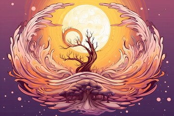 Wall Mural - an illustration of a tree with a full moon in the background