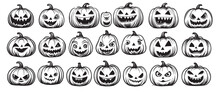 Pumpkin Face Sketch. Drawing Halloween Pumpkins Scary Or Happy Faces, Engraving Jack Lantern For Fall Decoration Art Book Creepy Ghost Doodle Gourd, Vector Illustration Of Sketch Pumpkin Halloween