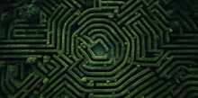 Aerial view of maze made of trees and bush. Drone view of the maze of plants. Natural maze made with green fir branches background. Minimal nature concept with copy space. Generative AI.