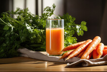 Glass With Carrot Juice And Fresh Carrots On The Table, Generative Ai