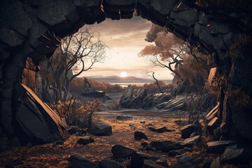 Wall Mural - an image of a cave with trees and rocks in the background