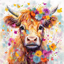 A Colorful Acrylic Painted Portrait Of A Highland Baby Cow