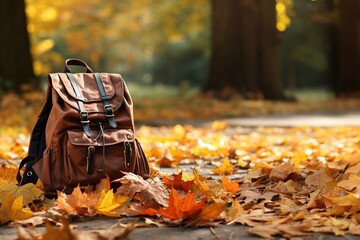 Brown leather school backpack in autumn park, generated by AI