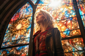 Spiritual enlightenment of a young person surrounded by vibrant stained glass windows in a historic church