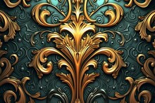 An Ornate Gold And Blue Background With Gold And Green Swirls