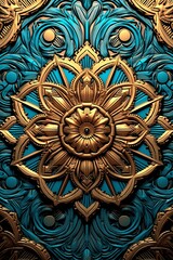 an ornate pattern on a blue and gold background