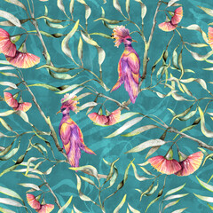 Wall Mural - Botany eucaliptus with flowers and pink birds. Seamless pattern watercolor illustraion.