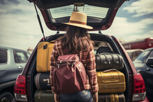 Young Girl With A Lot Of Luggage In The Back Of The Car