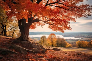 Wall Mural - autumn tree on the hillside with a lake in the background