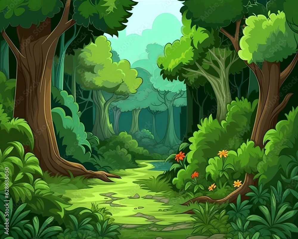 cartoon illustration of a forest path in the jungle Stock Illustration ...