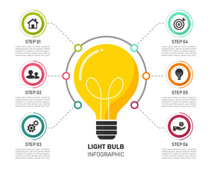 light bulb infographic on white background. vector illustration flat design. business and finance concept. thinking ideas icon presentation. option 6 element can be used for workflow layout, diagram.