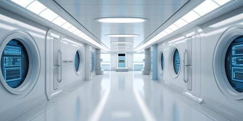 Wall Mural - White corridor, tunnel in spaceship or future building. Generated AI