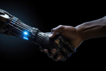Wall Mural - robotic and human arms interact with each other. handshake between human and artificial intelligence