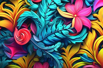 Wall Mural - colorful flowers and leaves on a black background