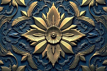 Wall Mural - golden floral pattern on a blue background