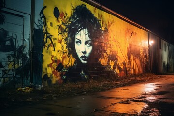 Wall Mural - graffiti on the side of a building at night