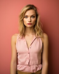 Wall Mural - portrait of a beautiful blonde woman posing against a pink wall