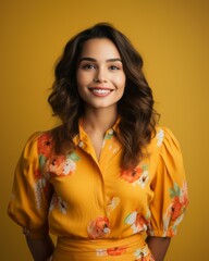 Wall Mural - portrait of a beautiful young woman in yellow floral blouse standing in front of yellow background