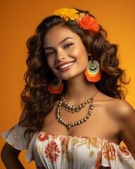 Wall Mural - portrait of beautiful young woman in traditional mexican dress with flower in hair and colorful earrings on orange background