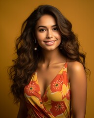 Wall Mural - portrait of beautiful young woman with long curly hair on yellow background