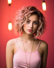 Wall Mural - portrait of beautiful young woman with pink hair on red background stock photo