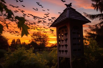Wall Mural - sunset view of a bat house silhouette in a peaceful garden