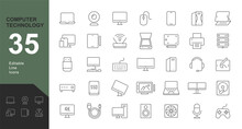 Computer Technology Line Editable Icons Set. Vector Illustration In Thin Line Style Of Computers And Components Related Icons: Monitors, Smart Phone, Tablets, Laptops, Electronic Devices, And More.