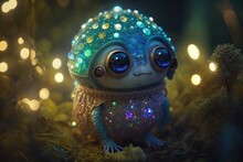 Funny Toy Frog With Blue Eyes On The Background Of Christmas Lights