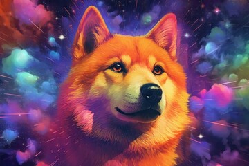 Wall Mural - Portrait of an akita inu dog created with bright paint splatters