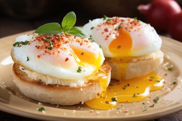 close-up of poached eggs on english muffins