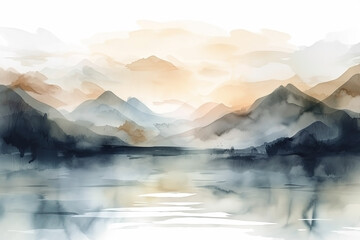 Watercolor neutral minimalist mountains and water landscape illustration