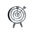 © Rizkreativ - Bow arrow hits the target circle hand drawn icon sketch. Business goal flat line drawing cartoon vector illustration