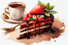 Illustration Of Delicious Strawberry Chocolate Cake Slice On Plate And Cup Of Coffee. Generative Ai.