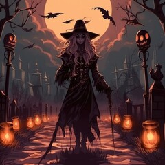 Wall Mural -  Illustration of halloween witch walking on illuminated road with lamps on spooky background.