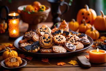 Pie plate with bat, pumpkin, spider figure on christmas table isolated on pale background.