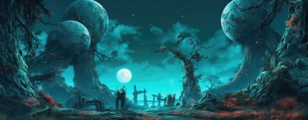 Wall Mural - Halloween photo of destroyed tools and forest in a moonlit enchanted forest using colorful animations.