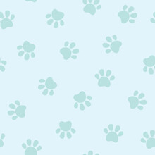  Cute Seamless Pet Paw Pattern. Cat Or Dog Footprint On Blue Background. Vector Illustration. It Can Be Used For Wallpapers, Wrapping, Cards, Patterns For Clothes And Other.