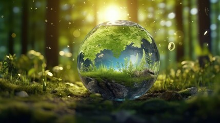 Wall Mural - transparent crystal sphere in a green forest filled with sunlight. grass and trees are reflected in 
