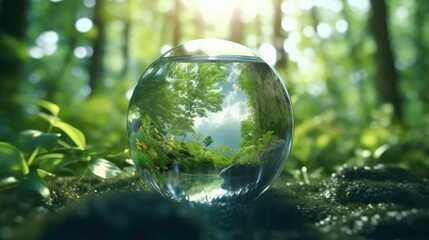 Wall Mural - transparent crystal sphere in a green forest filled with sunlight. grass and trees are reflected in 