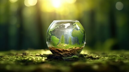 Wall Mural - transparent crystal sphere filled with sunlight on green grass. planet earth and landscape are refle
