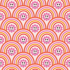 Wall Mural - Smiling pink flowers on colorful rainbows seamless pattern . For kids fabric, textile and wrapping paper 