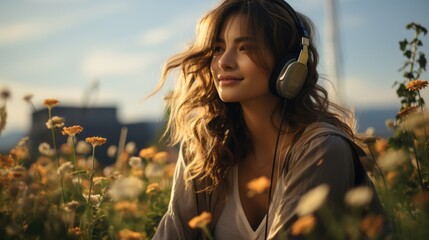 Wall Mural - woman listening to music in the park