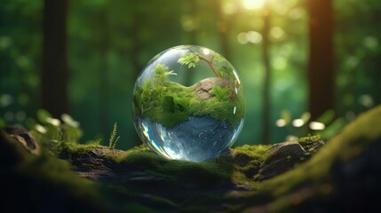 Wall Mural - transparent crystal sphere in a green forest filled with sunlight. grass and trees are reflected in 