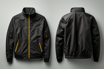 Plain black jacket mockup, front and back view, isolated on grey Generative AI